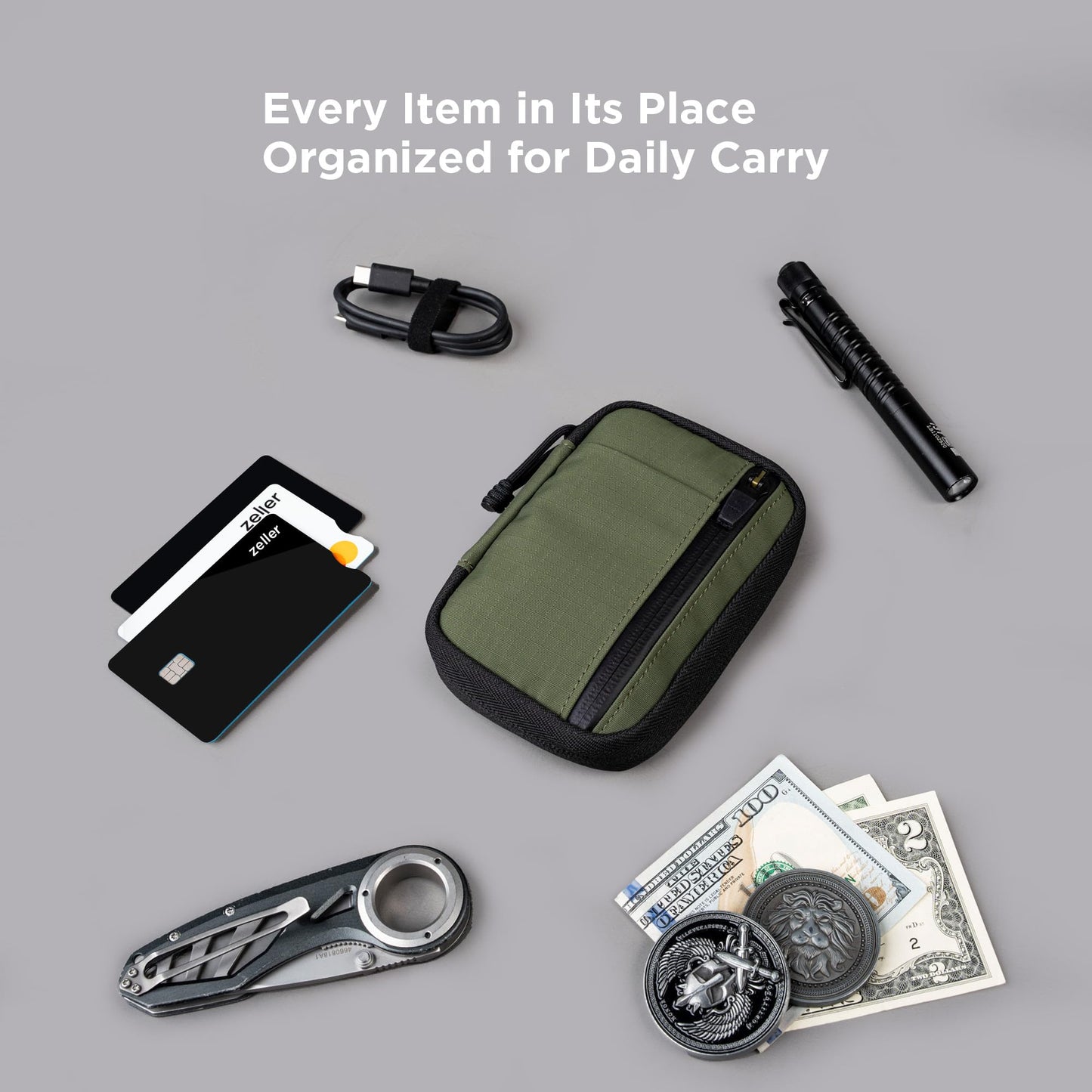 ALPAKA HUB Pouch V2 EDC Organizer for Cables, Cards, Coins, RFID Blocking Small Tool Bag and Pocket Protector for Everyday Carry and Travel, Axoflux 210D Ripstop Nylon, Green