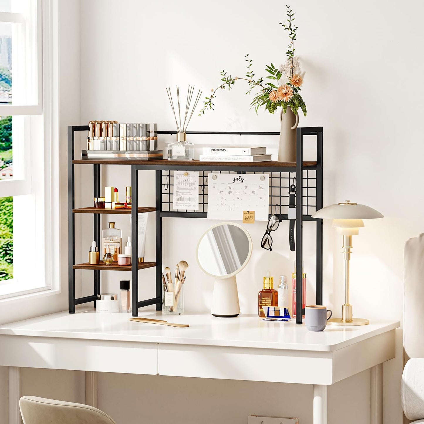 Snughome Desk Shelf, 38.6" Desktop Organizer Shelf, Desk Hutch for Computer Monitor, 4 Tier Desk Display Rack with Pegboard Hooks Set, Wood Desktop Bookshelf for Home Office Dorm