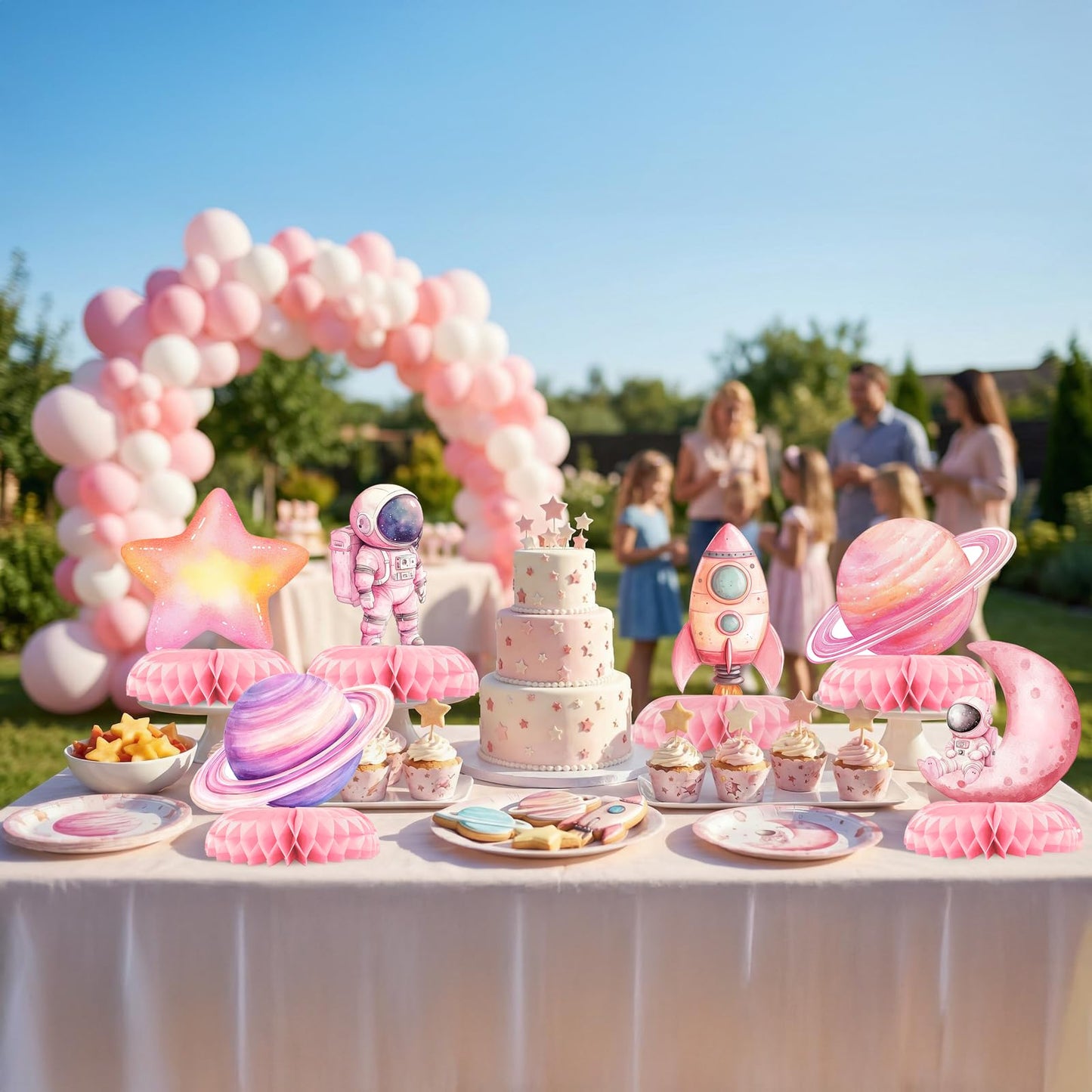 12 Pcs Pink Space Baby Shower Decorations for Girl - Outer Space Girl Party Supplies - Pink Astronaut Rocket Moon Star Centerpieces for Tables - Galaxy Honeycomb Table Decor for Baby Shower