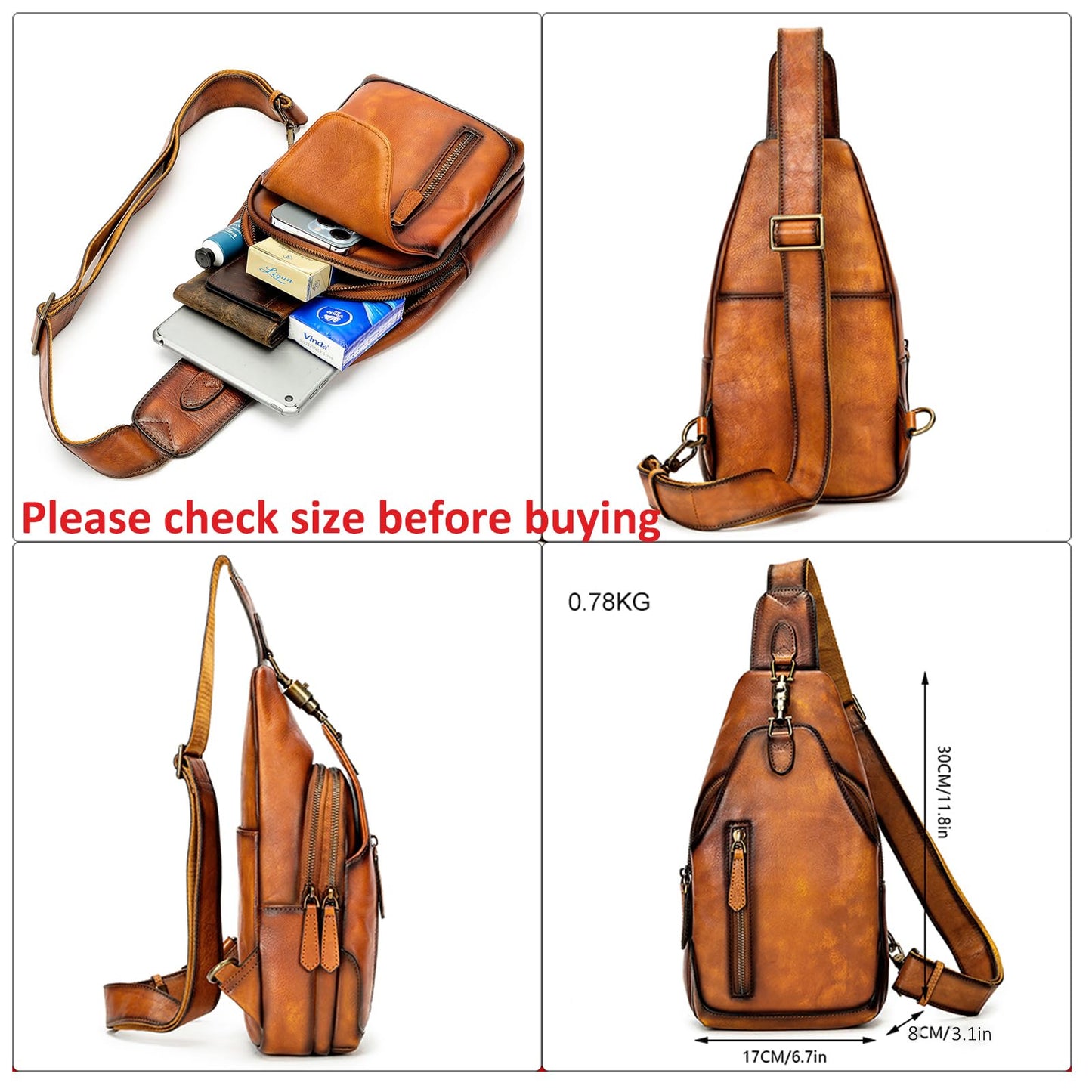 NIUCUNZH Genuine Leather Crossbody Sling Bag Handmade Classic Vintage Shoulder purse daypack Backpack Brown