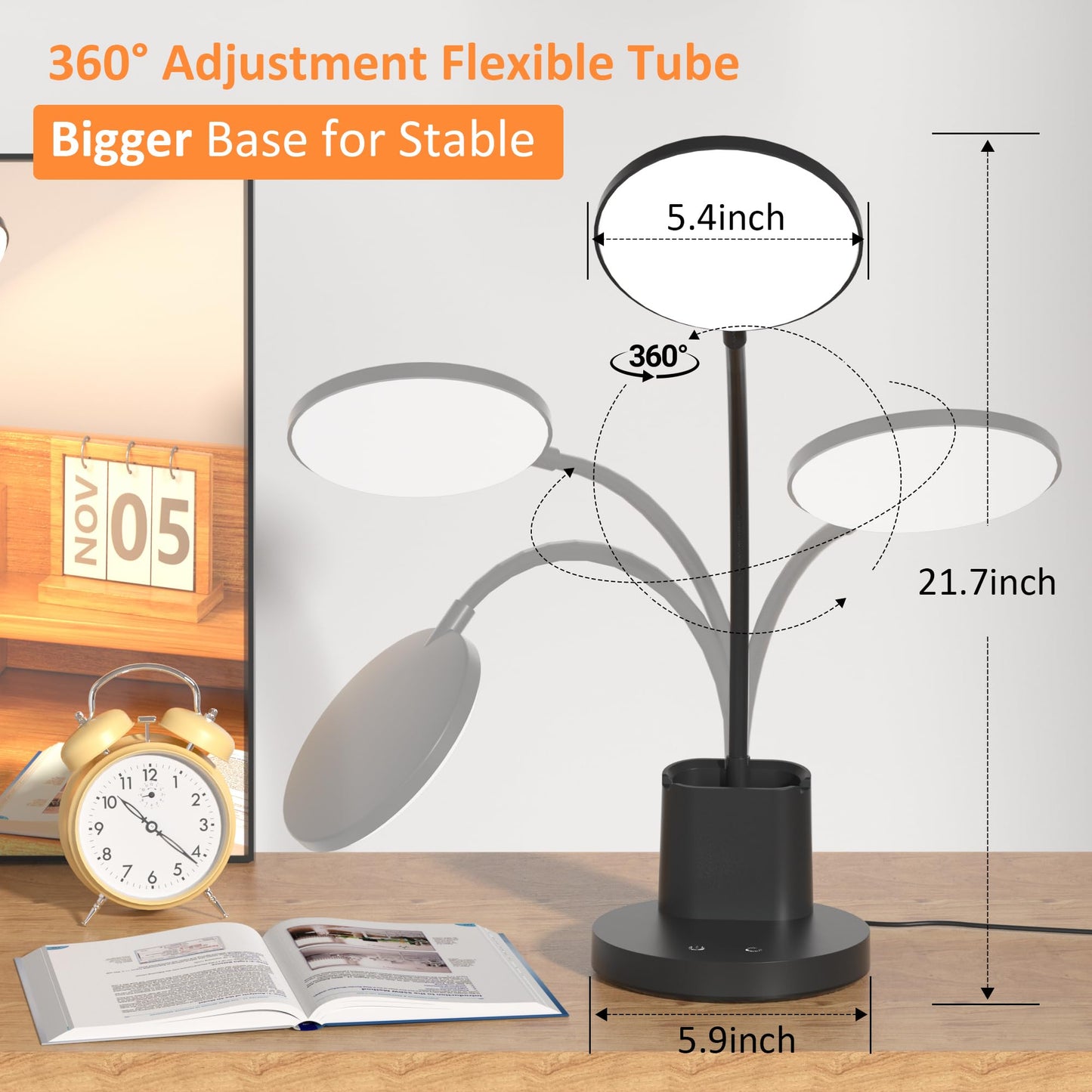 Vicsoon Desk Lamp, LED Desk Lamps for Home Office, Touch Table Lamp with 3 Color Modes 360° Adjustable Arm, Dimmable Desk Light with Pen Phone Holder for College Dorm, Black