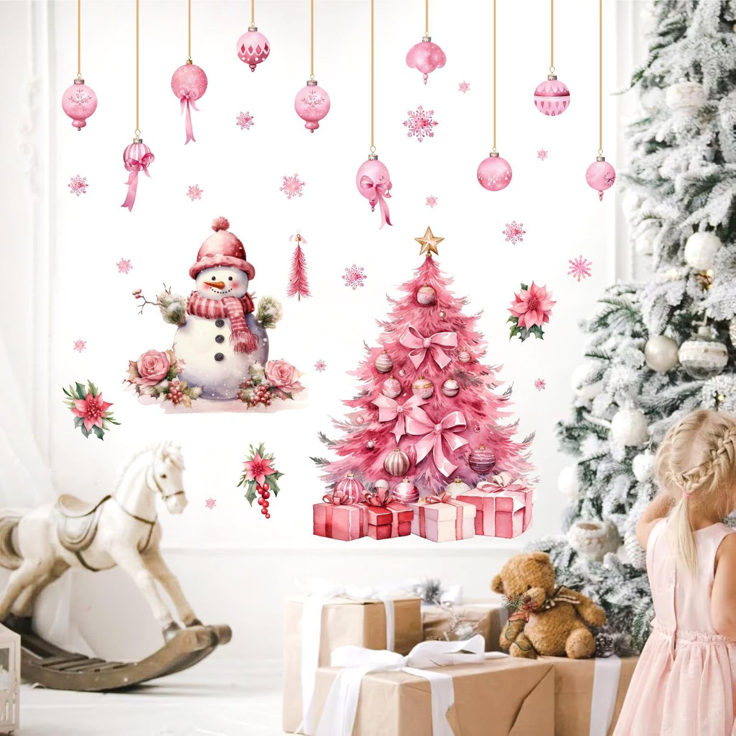 Large Pink Christmas Tree Wall Stickers Christmas Wall Decals Peel and Stick Snowman Stickers for Christmas Home Decor Indoor Hanging Ball Snowflake Art Murals for Living Room Xmas Party Supplies