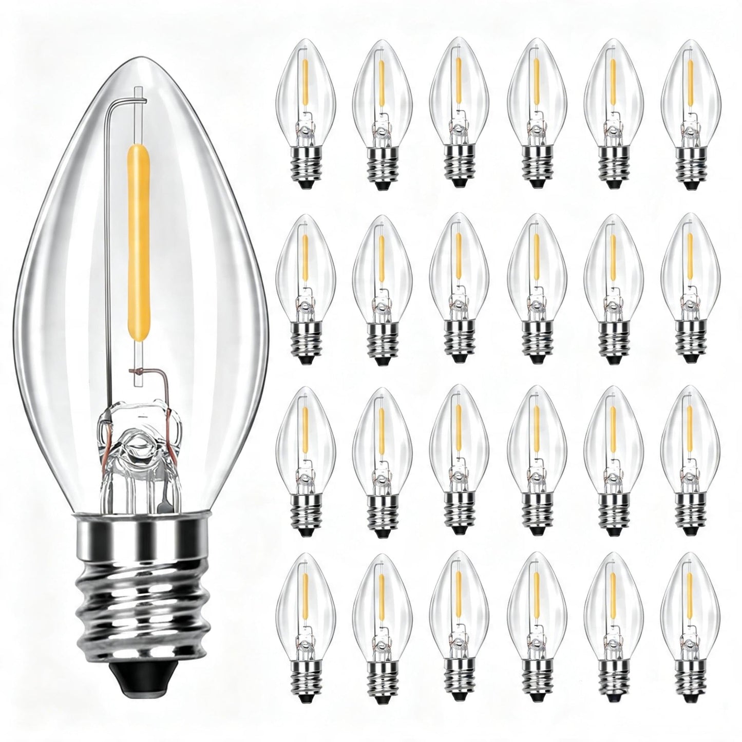 25 Pack C7 LED Warm White Christmas Light Bulbs, E12 LED Replacement Bulbs for Indoor Outdoor Christmas String Lights, 0.6W Energy Efficient Night Light Bulbs for Candle Lamps Patio Xmas Tree Decor