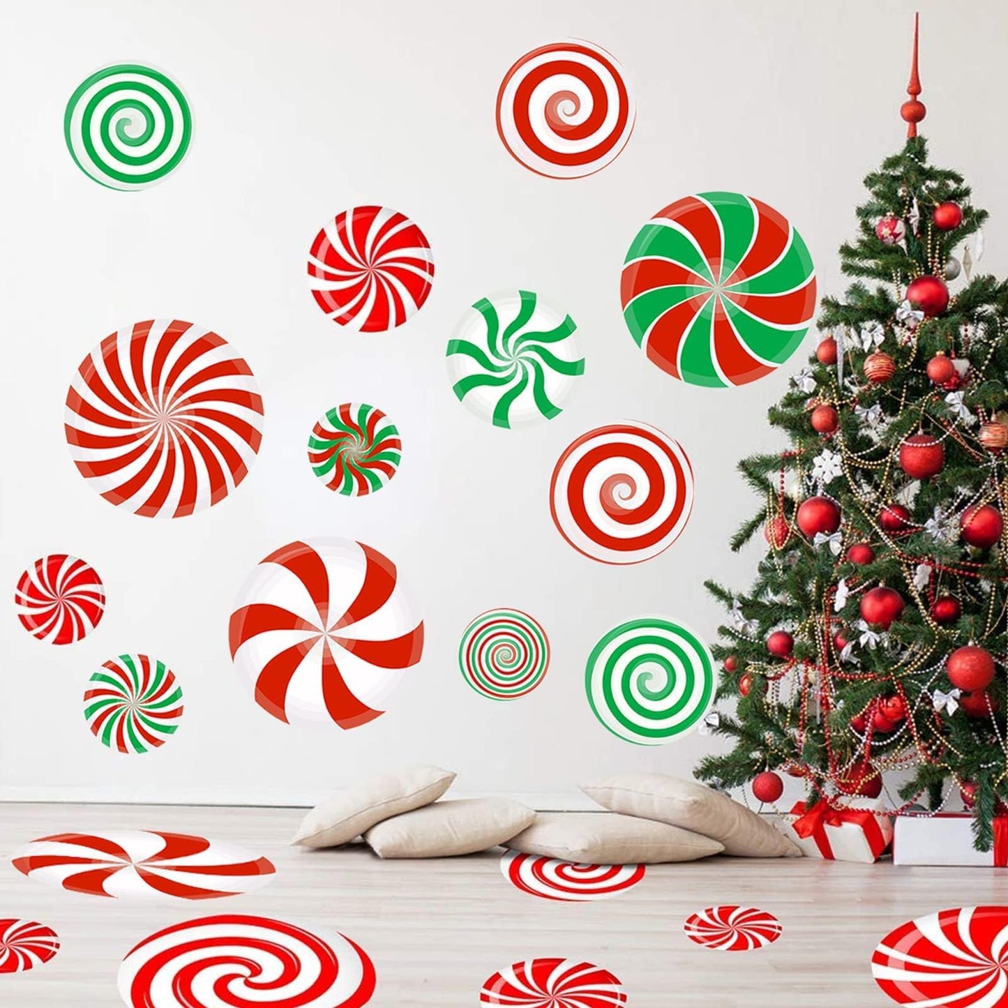 77 PCS Christmas Candy Wall Decals Decorations Christmas Wall Stickers Peppermint Candy Floor Decals for Xmas Candyland Party Decorations