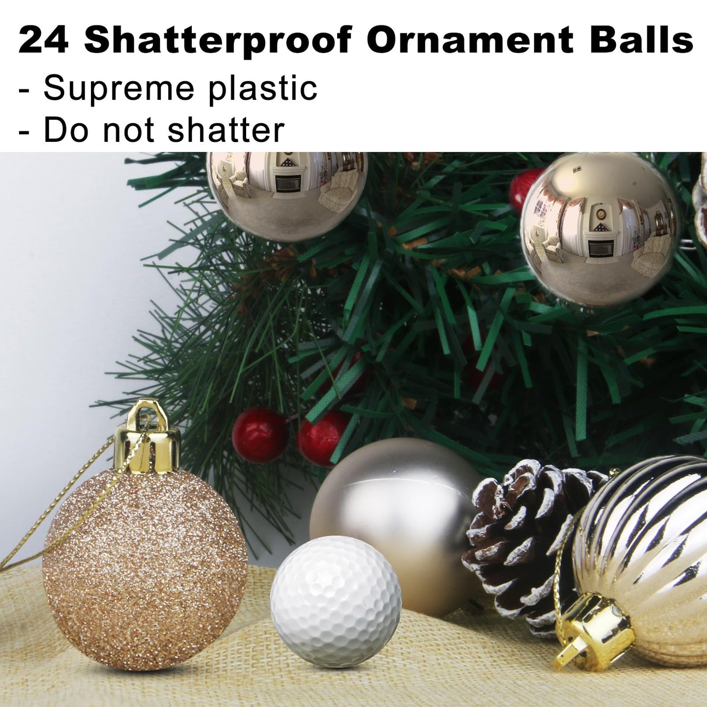Champagne Gold 2.5" Christmas Balls Christmas Tree Decoration Ornaments Shatterproof Hanging Balls for Birthday Halloween Holiday Wedding Decorations Set of 24pcs