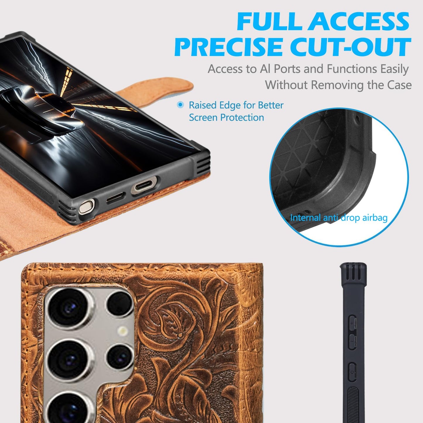 RMAWRAD Leather Case Wallet Compatible with Samsung Galaxy S24 Ultra,Genuine Leather2-in-1Magnetic Detachable Shockproof,Flip Folio Cover with Card Slot, RFID Blocking Dark Brown