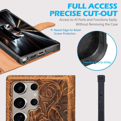 RMAWRAD Leather Case Wallet Compatible with Samsung Galaxy S24 Ultra,Genuine Leather2-in-1Magnetic Detachable Shockproof,Flip Folio Cover with Card Slot, RFID Blocking Dark Brown