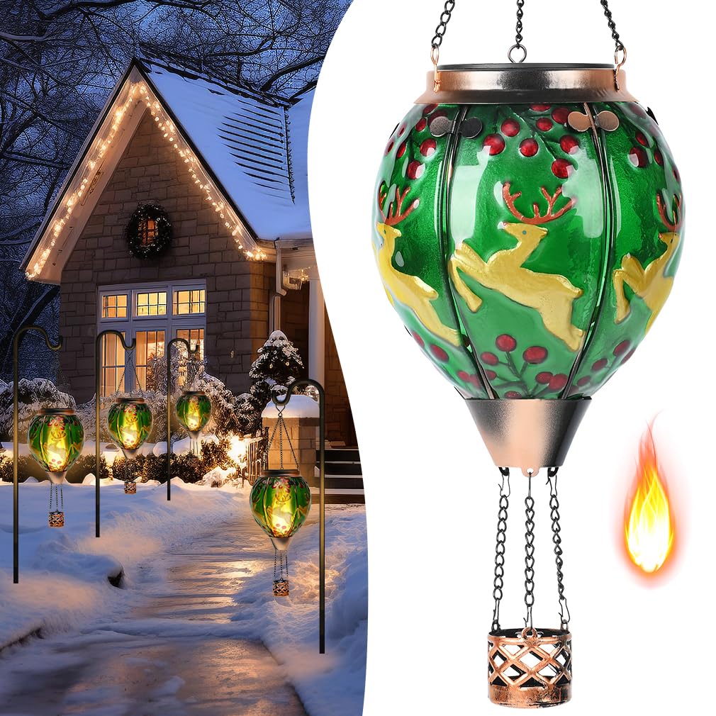 Solar Powered Hot Air Balloon Lantern - Reindeer Glass Lantern, Simulated Flickering & Dancing Flame, Outdoor Hanging Yard Light Waterproof IP65 for Patio Lawn Porch Christmas Decor Gift