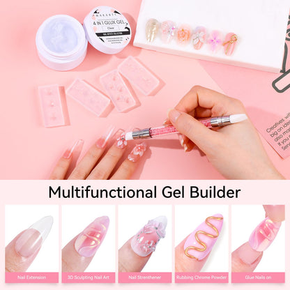 Makartt Solid Gel Builder Mini Kit for 3D Gel Nail Art - 15ML 4 in 1 Nail Extension Gel, 4pcs Silicone Molds, 1 Sculpting Brush, UV Glue for Acrylic Nails Rhinestones Gel Molding Manicure Hard Gel Kit