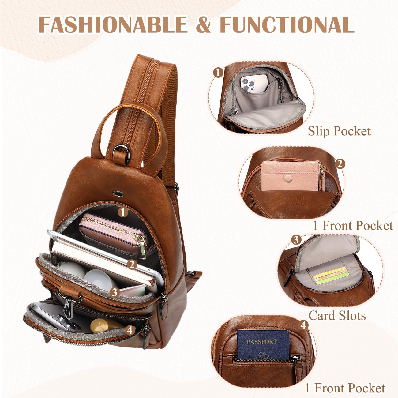 RAVUO Backpack Purse for Women, Anti Theft Sling Crossbody Bag Ladies Convertible Shoulder Daypack Casual Chest Bag for Travel Hiking College,Brown