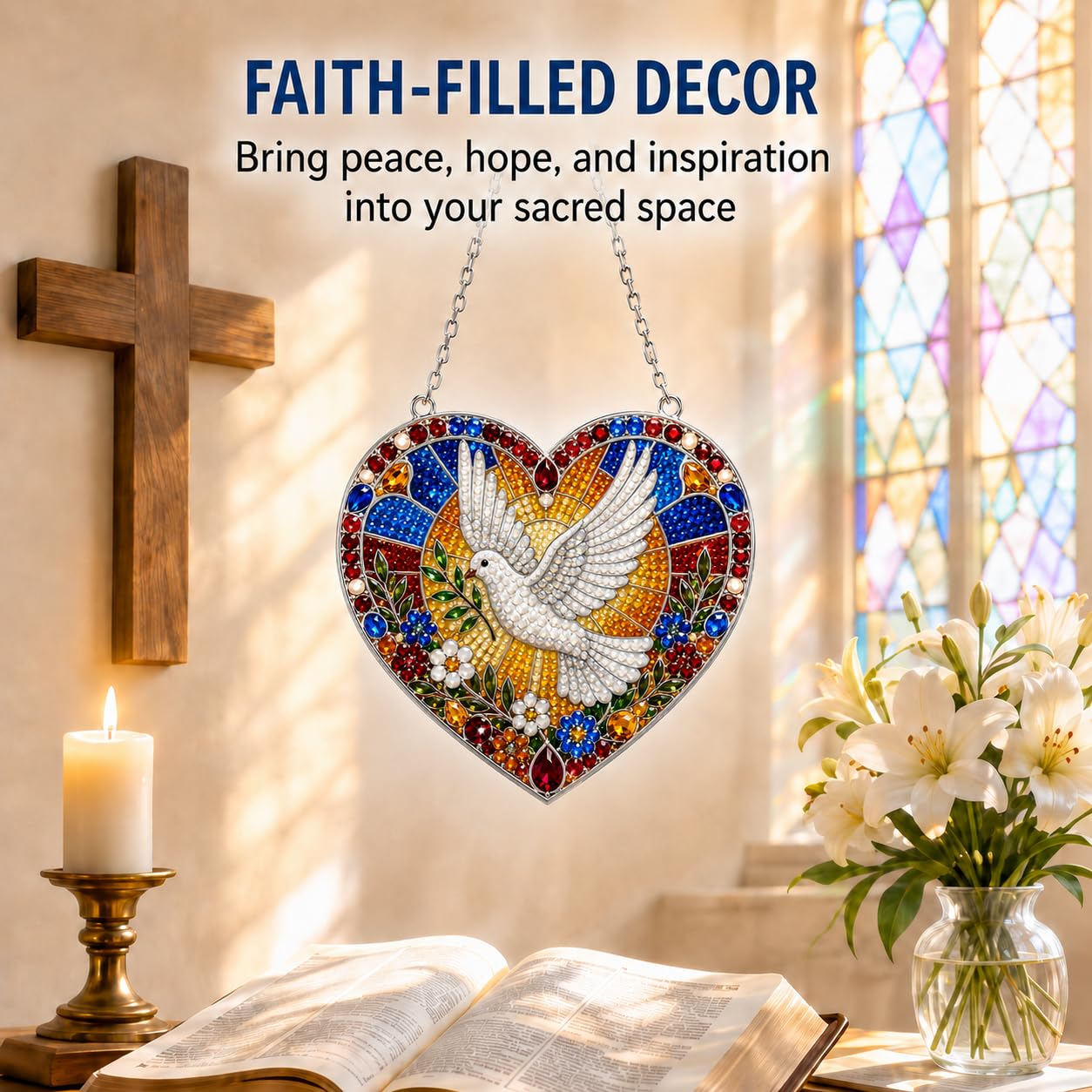DIY Diamond Art Painting Wreath Kits，Special Shaped Rhinestone Hanging Ornament Diamond Art Window Pendants for Gift Home Garden Wall Hanging Kits,Double Sided (Dove)