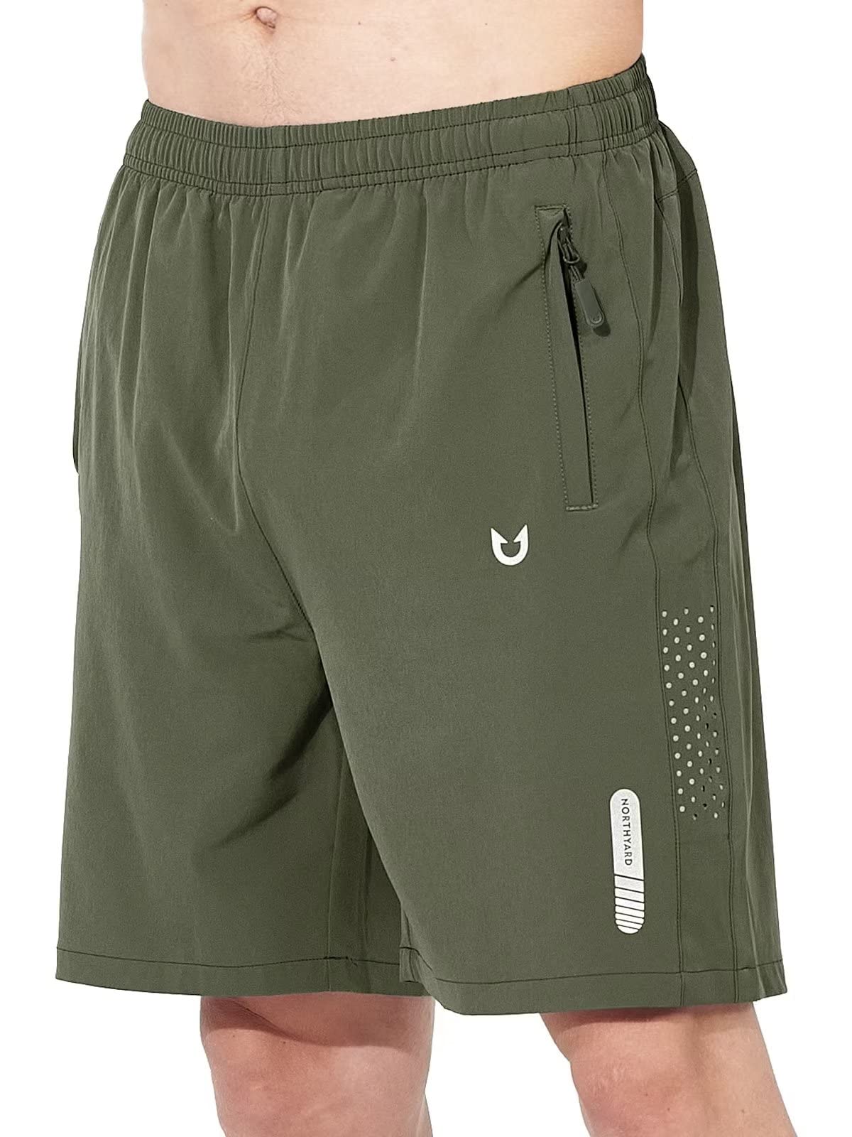 NORTHYARD Men's Athletic Running Shorts Gym Workout 7"/9"/5" Quick Dry Lightweight Sports Basketball Tennis 3 Zipper Pockets ArmyGreen L