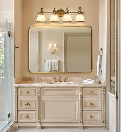 ANDY STAR Brushed Gold Vanity Light, 4-Light Bathroom Light Fixtures, Vintage Wall Lamp with Bell Shaped Frosted Lampshade, 27.8 Inch Bathroom Lighting Fixtures Over Mirror, (Bulbs Not Included)