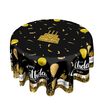 Giwawa Happy Birthday Round Tablecloth 60" Black Gold Birthday Cake Confetti Flags Balloons Gifts Decorative Circle Table Cloth Cover Stain & Wrinkle Resistant for Dining Room Kitchen Indoor Outdoor