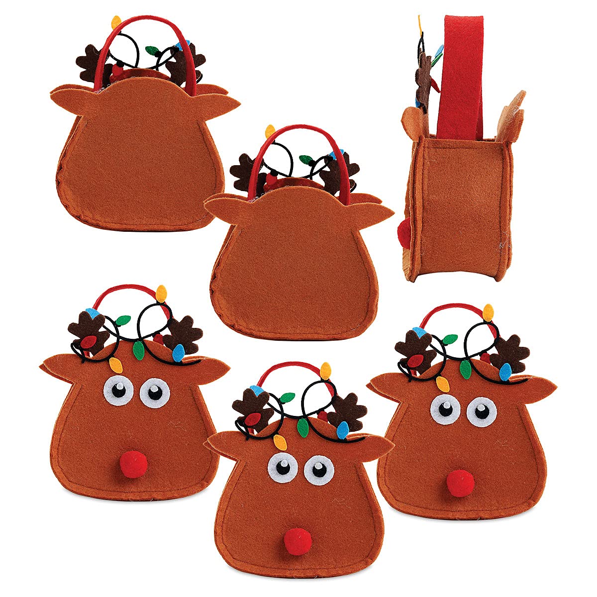 Reindeer Felt Christmas Treat Bags, Set of 6 Small Gift Bags, 5.25 inch by 6.75 inch, for Children Holiday Parties Teachers Decorations