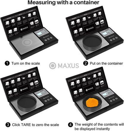 MAXUS Digital Pocket Gram Scale 500g x 0.01g High Precision with Tray, Weighs Small Food, Jewelry, Ounces, Grains, LCD Display, Tare Function