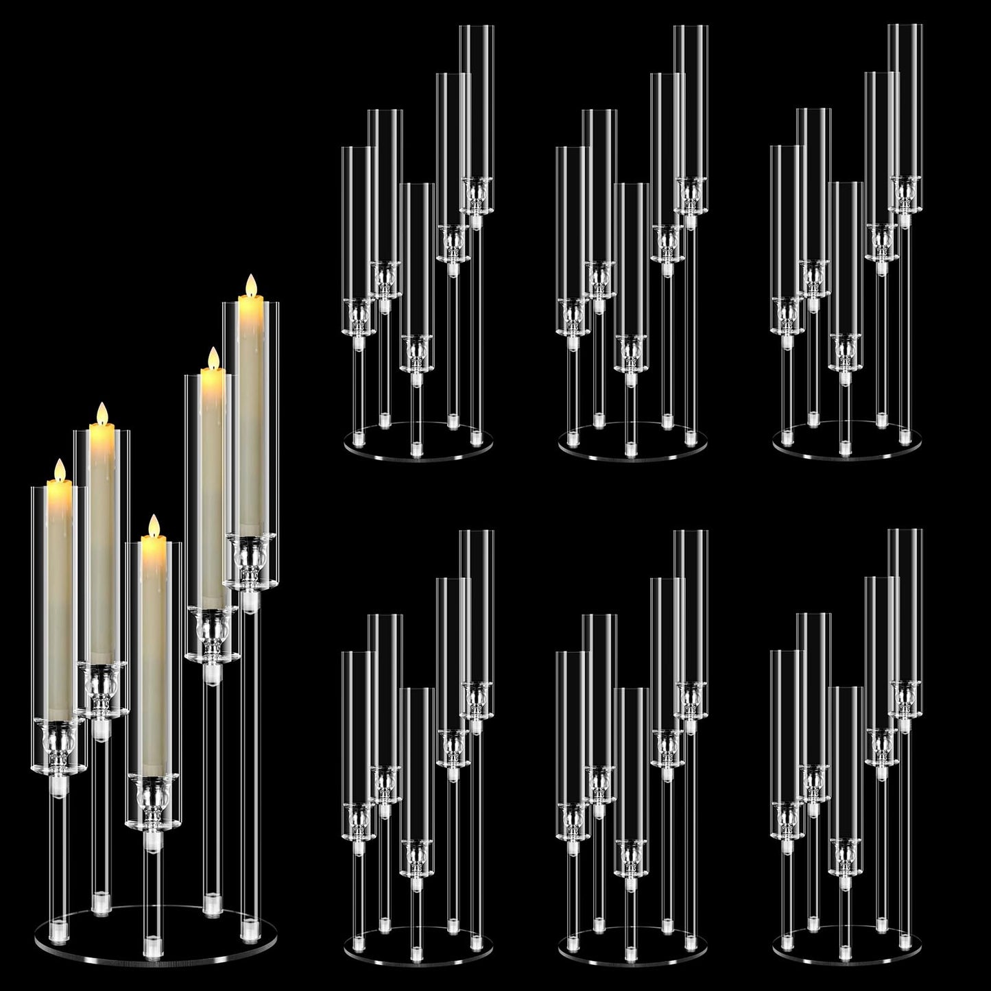 6 Sets 5 Arms Acrylic Candelabra Centerpieces for Tables,Clear Candle Holder for Wedding,Ceremony Dinner Party, 22.8" Tall Candlestick Holders with Lampshade,Fit LED Candle