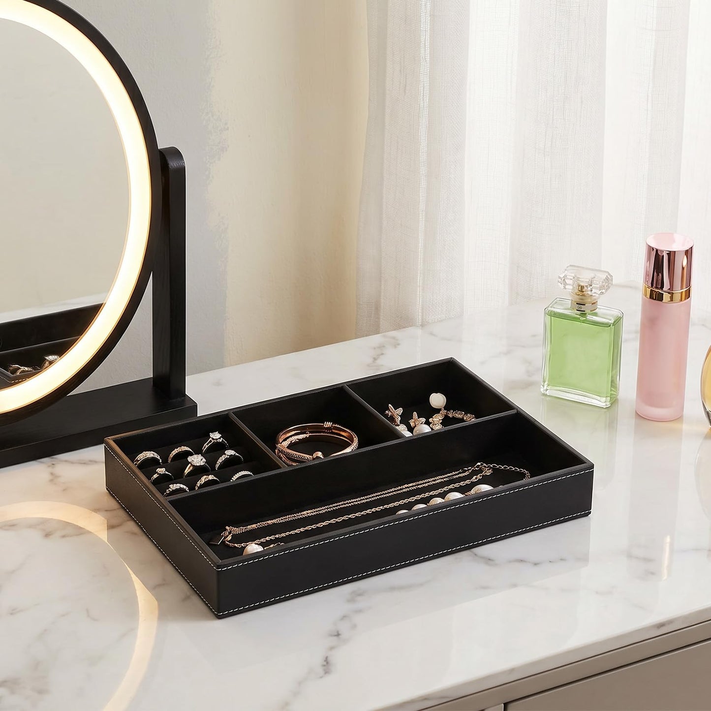 Afcabakila 2 Pieces Leather Valet Tray Nightstand Drawer Organizer Stackable Jewelry Organizer For Drawer Key Wallet Sunglass Watch Coin Phone Bedside Dresser Top Tray Black