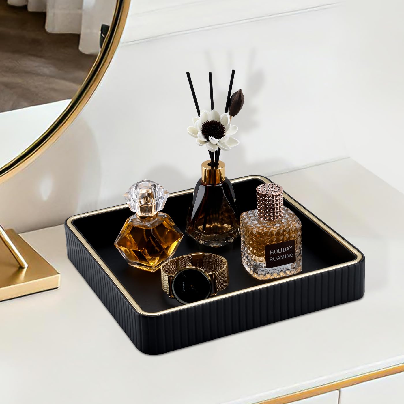 GORESE Leather Valet Tray Nightstand Organizer, Square EDC Trays for Colognes Wallet Sunglasses, Key Dish Catch All Bowl Desk Tray, Gift for Men & Women, Black(9.3'' × 9.3'')