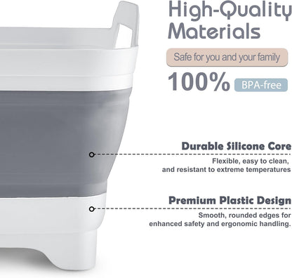 2.4 Gal(9L) Collapsible Dish Basin with Drain Plug, Space Saving Outdoor Multiuse Foldable Sink Tub, Dishpan, Kitchen Storage Tray for Camping, Vegetable Washing, RV (Gray)