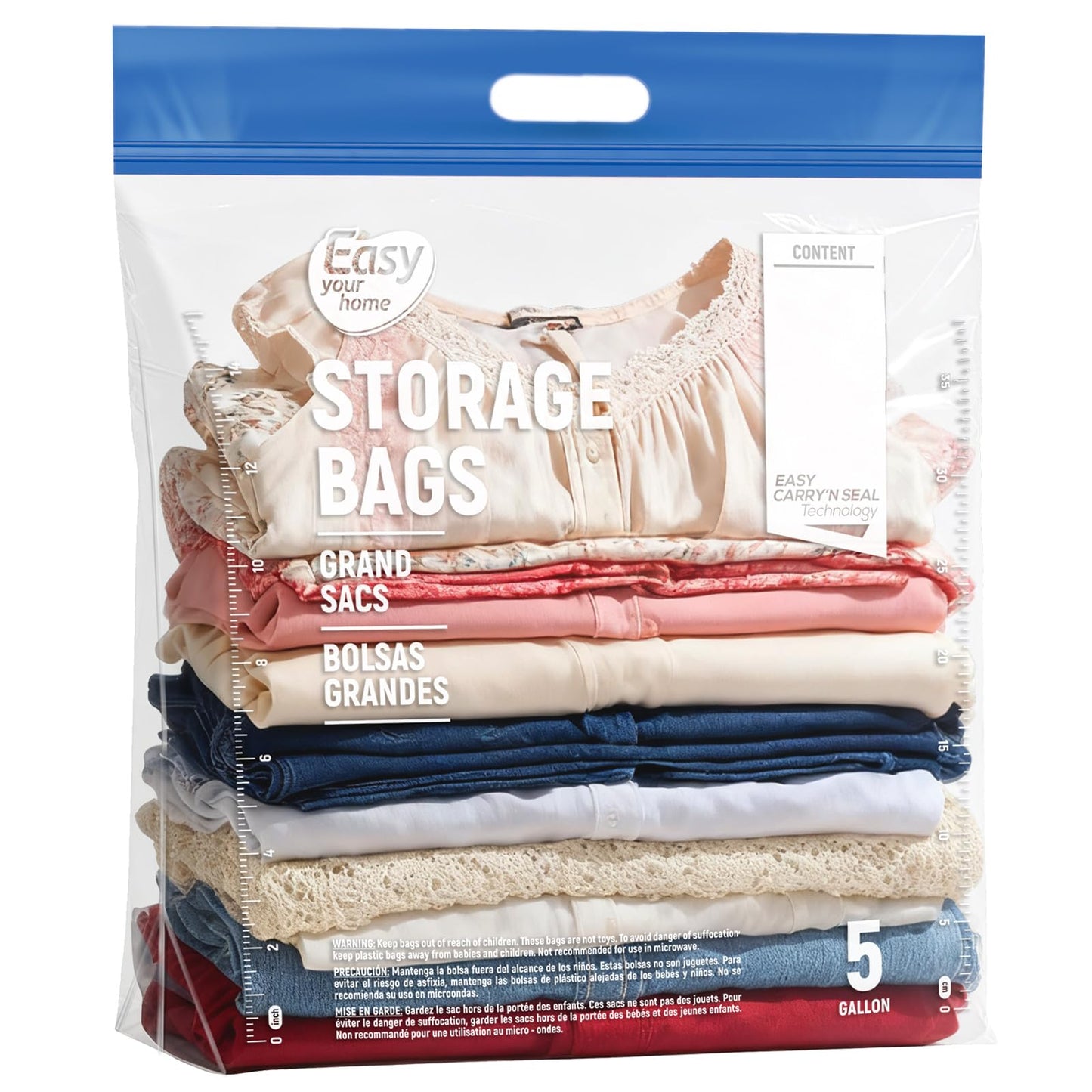 EASYYOURHOME 5PCS 5 Gallon Zipper Lock Plastic Bags with Handle and bottom,18"x23"+7",Extra Large Size Reusable Storage Bag with Double Zip for Clothing,Travel,Moving,Beach,BPA-Free,3-Mil Thick