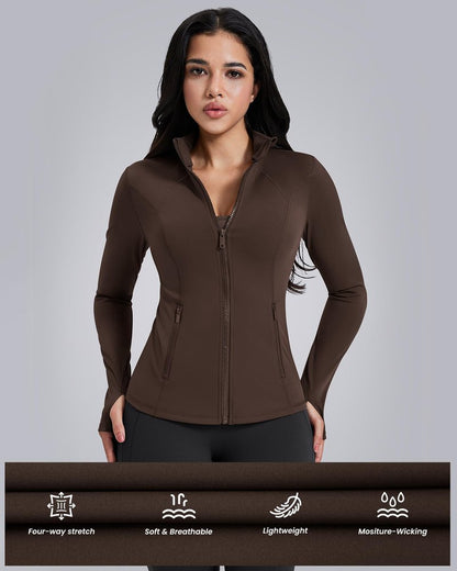 AVGO Womens Workout Jackets Lightweight Athletic Zip Up Jacket Slim Fit Running Gym Top with Pockets & Thumb Holes(Roasted Brown, XL)
