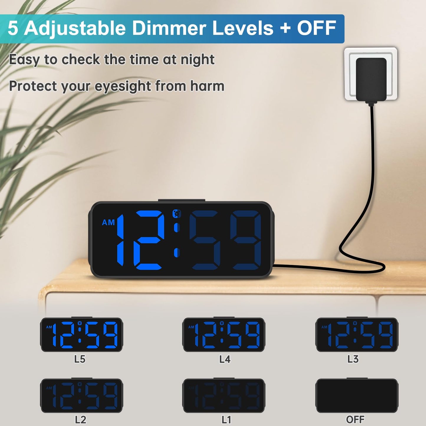 Peakeep Small Digital Alarm Clock Plug in for Bedrooms Bedside, Tiny Electric Clock Large Big Numbers Display with Battery Backup for Desk Table, 6 Dimmers, 5 Adjustable Alarm Volumes (Blue)