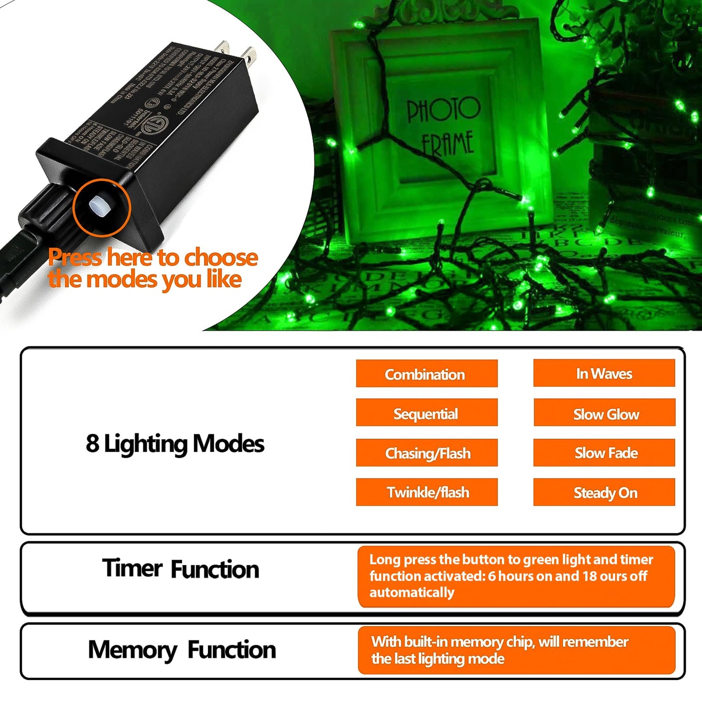 75.8 FT 200 LED Green Christmas String Lights Outdoor & Indoor, Memory Function & Timer & 8 Modes, Extendable Ultra Bright Green Wire Waterproof Mini Lights for Christmas Tree Yard Holiday Party Decor