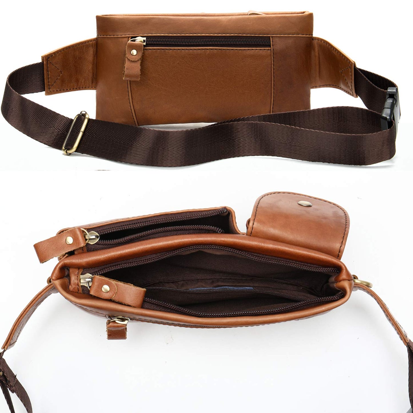 NIUCUNZH Cowhide Waist Fanny Pack-Genuine Leather and Slim with Adjustable Waistband Brown