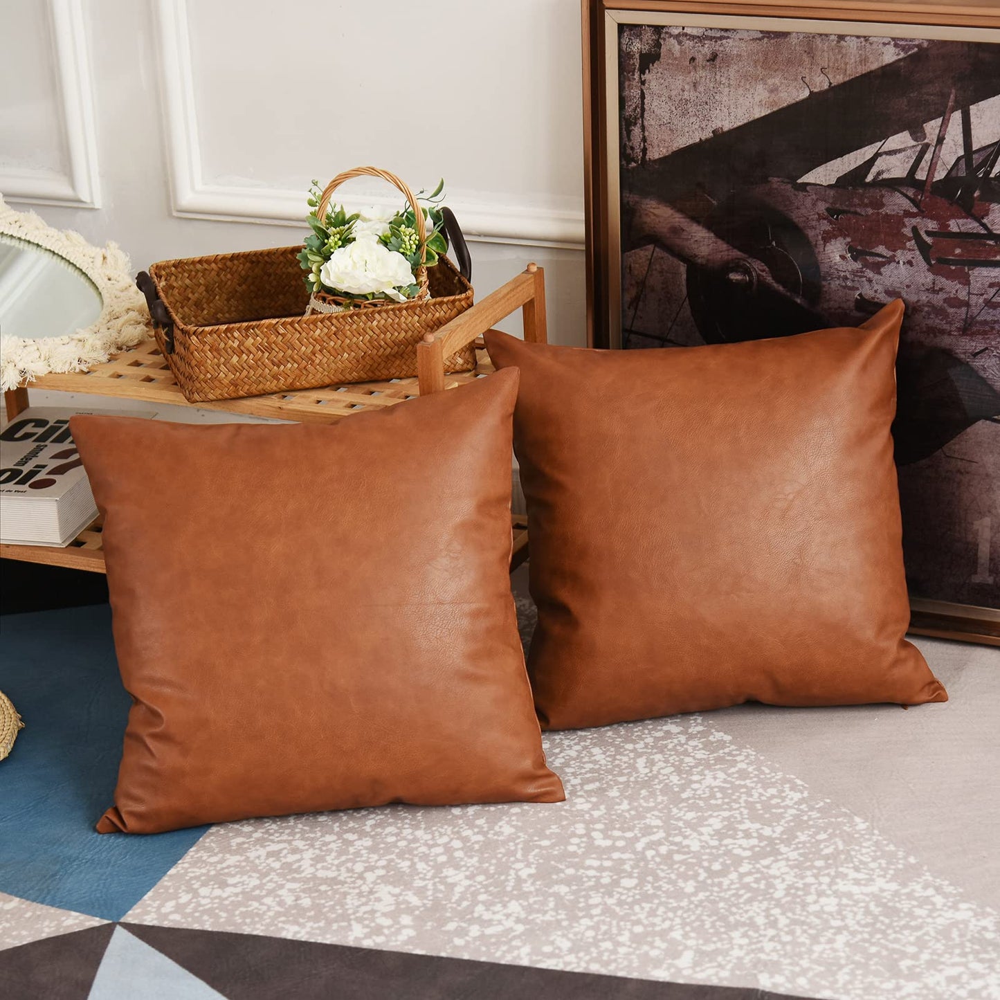 Tosewever Faux Leather Throw Pillow Covers, 18 x 18 inch Set of 2 Luxury Cognac Brown Modern Pillowcases Solid Decorative Square Cushion Cases for Bedroom Living Room Couch Bed Sofa (Brown, 18" x 18")