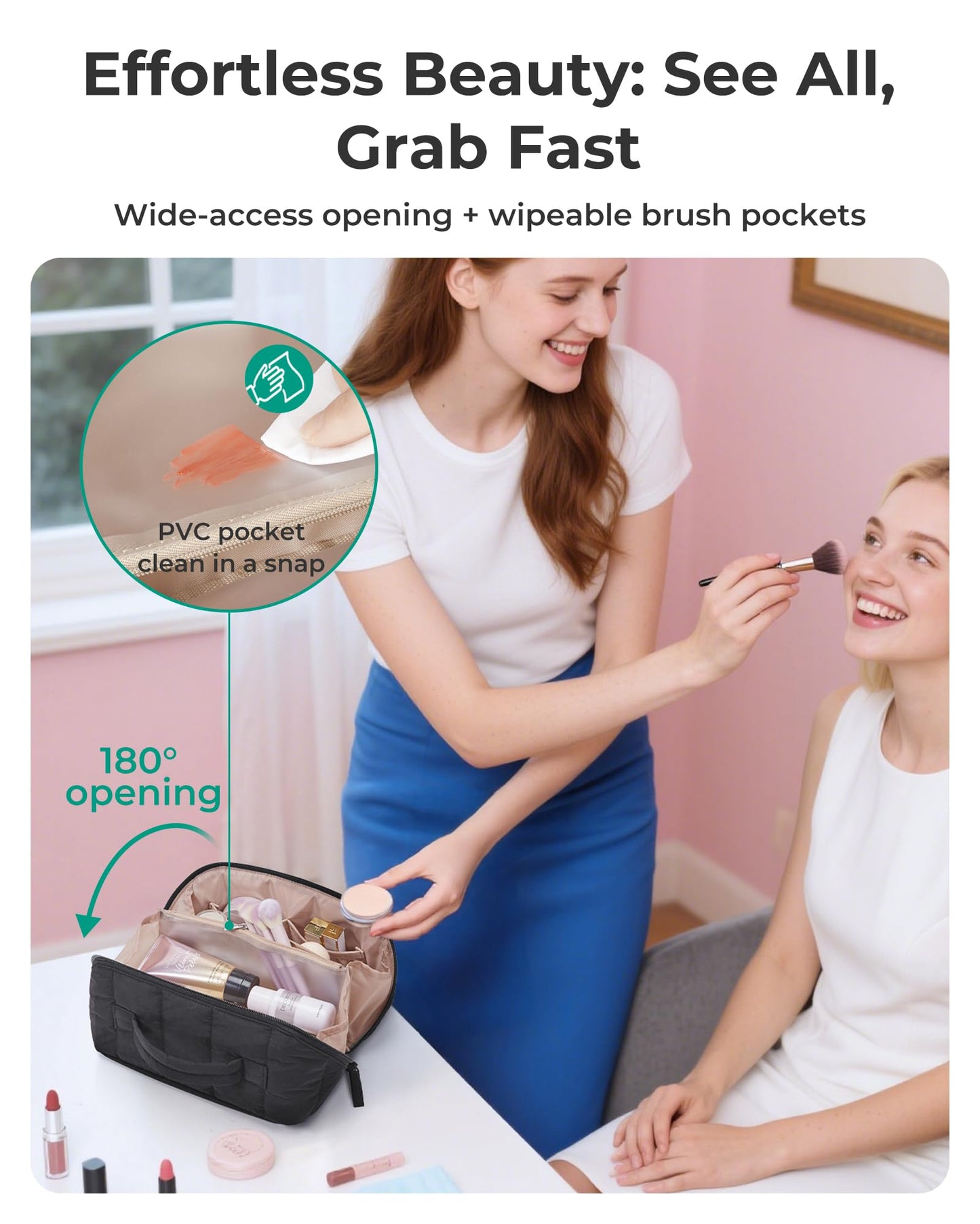 BAGSMART Travel Makeup Bag for Women, Portable Water-resistant Cosmetic Case, Puffy Padded Make Up Organizer Pouch, Open Flat Toiletry Bag for Toiletries, Brushes, Brown