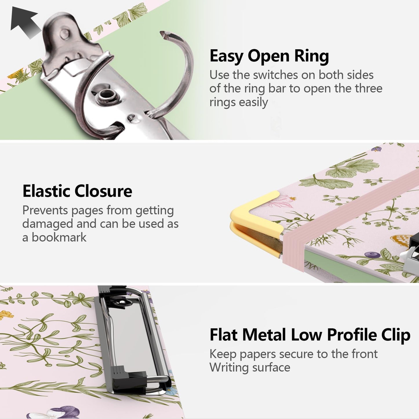 3 Ring Binder 3 Inch, Cute Round Ring Binders with 6 Tab Dividers, Labels Stickers, Low Profile Clipboard with Storage, Fashion Binder School Office Supplies(Wild Flowers)