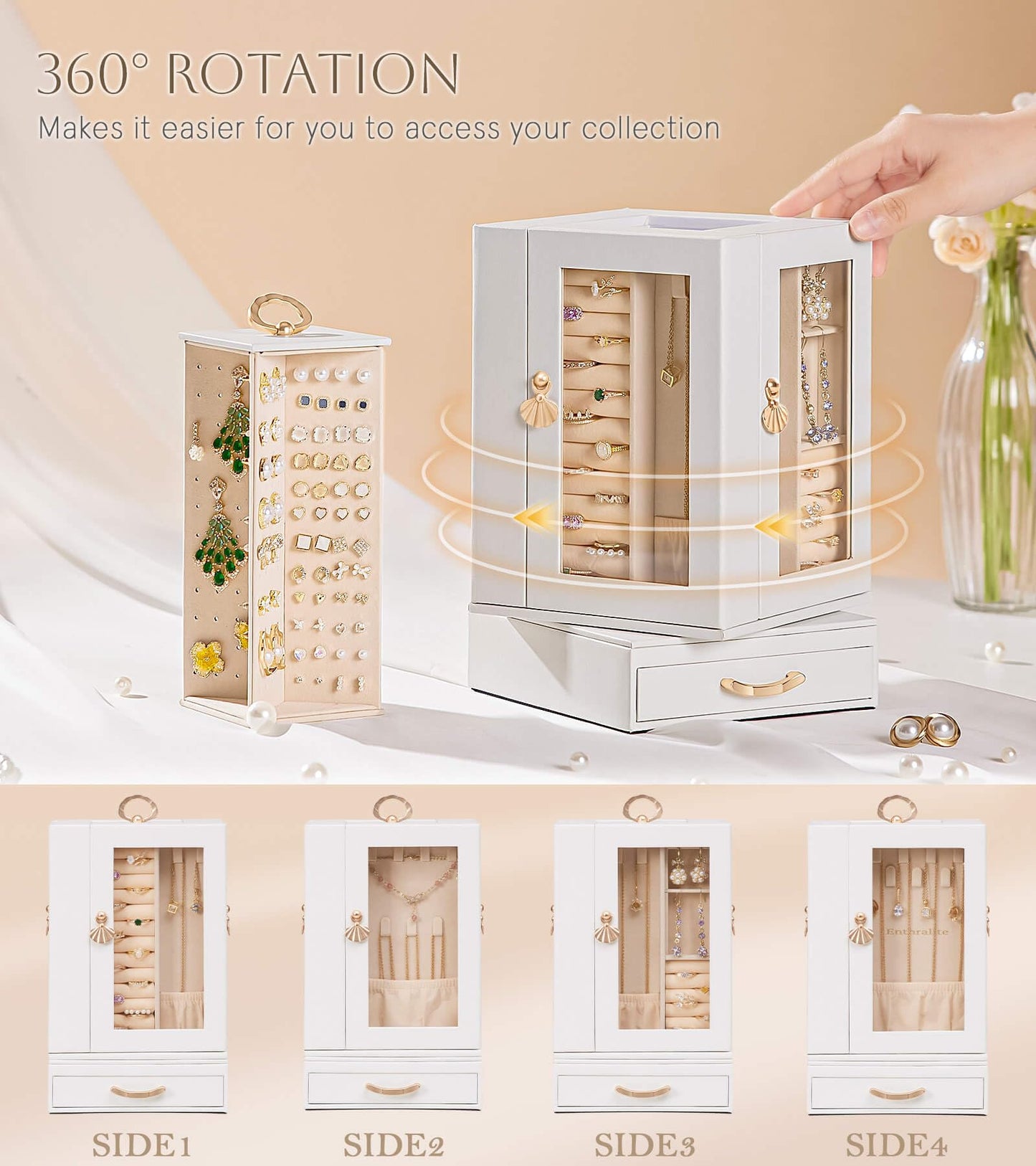 Enthralite Jewelry Box Large for Dresser: Women Necklace Ring Storage Organizer with Compartments - Elegant Earring Holder Display - 360° Rotating Jewelry Organizer with Glass Door