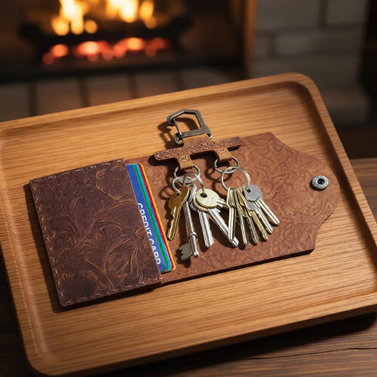 Ru Xing Genuine Leather Key Holder Handmade Organizer Wallet for Keys, Cash, Credit Cards Functional Key Holder for Men & Women (Stitch Style, Print Brown)