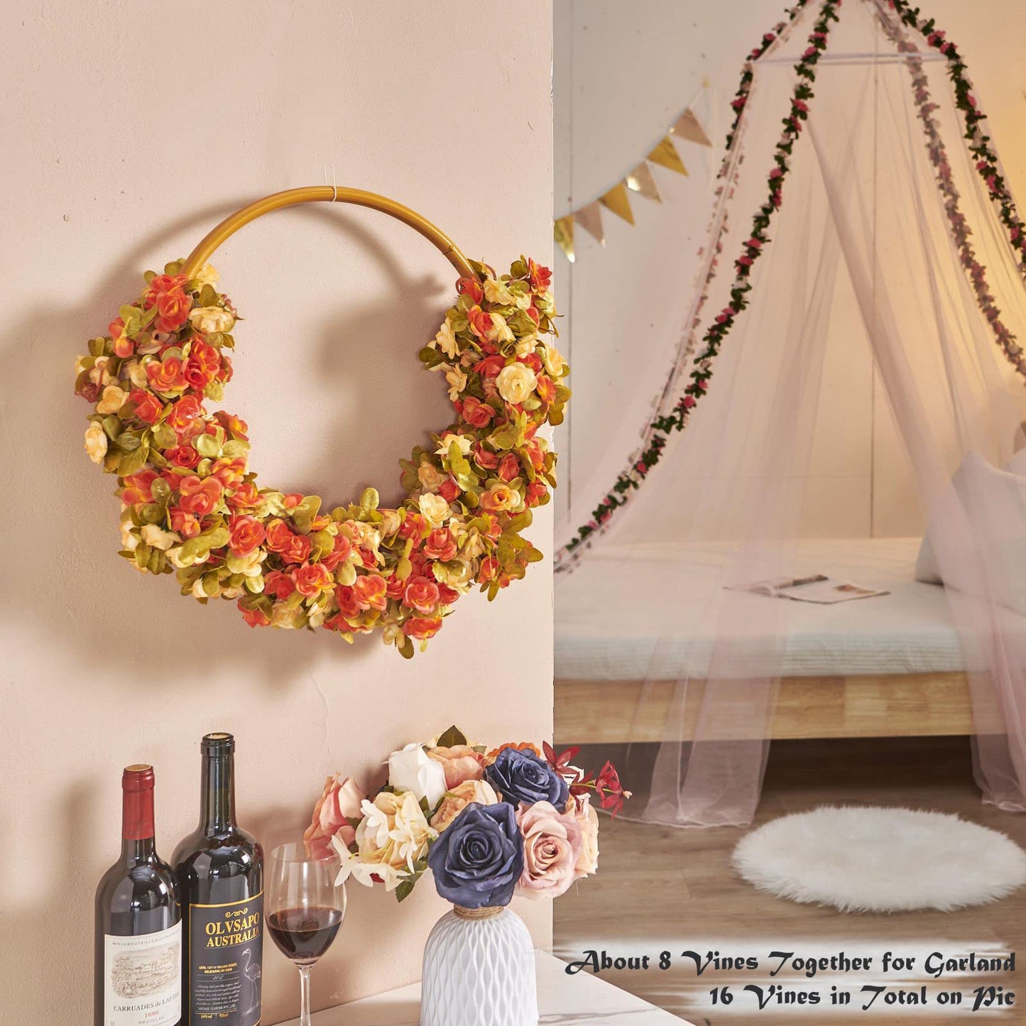 PONKING 8 Pcs x 8.2 ft Flower Garland Artificial Rose Vine Flowers with Green Leaves Hanging Fake Roses Vine for Room Party Home Wedding Birthday Christmas Wall Arch Decor, Fall Champagne Flower
