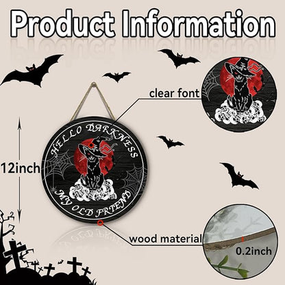Halloween Black Cat Front Door Signs Hello Darkness My Old Friend Wooden Door Sign Skull Spiderweb Bat Wall Hangers Halloween Door Hanging Decorations for Home Door Porch