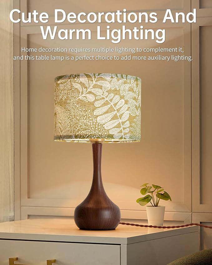 17" Modern Table Lamp Desk Lamp for Living Room Bedroom Home Office, Red Wood Pattern Farmhouse Nightstand Bedside Table Lamp with Green Fabric Shade