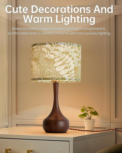 17" Modern Table Lamp Desk Lamp for Living Room Bedroom Home Office, Red Wood Pattern Farmhouse Nightstand Bedside Table Lamp with Green Fabric Shade