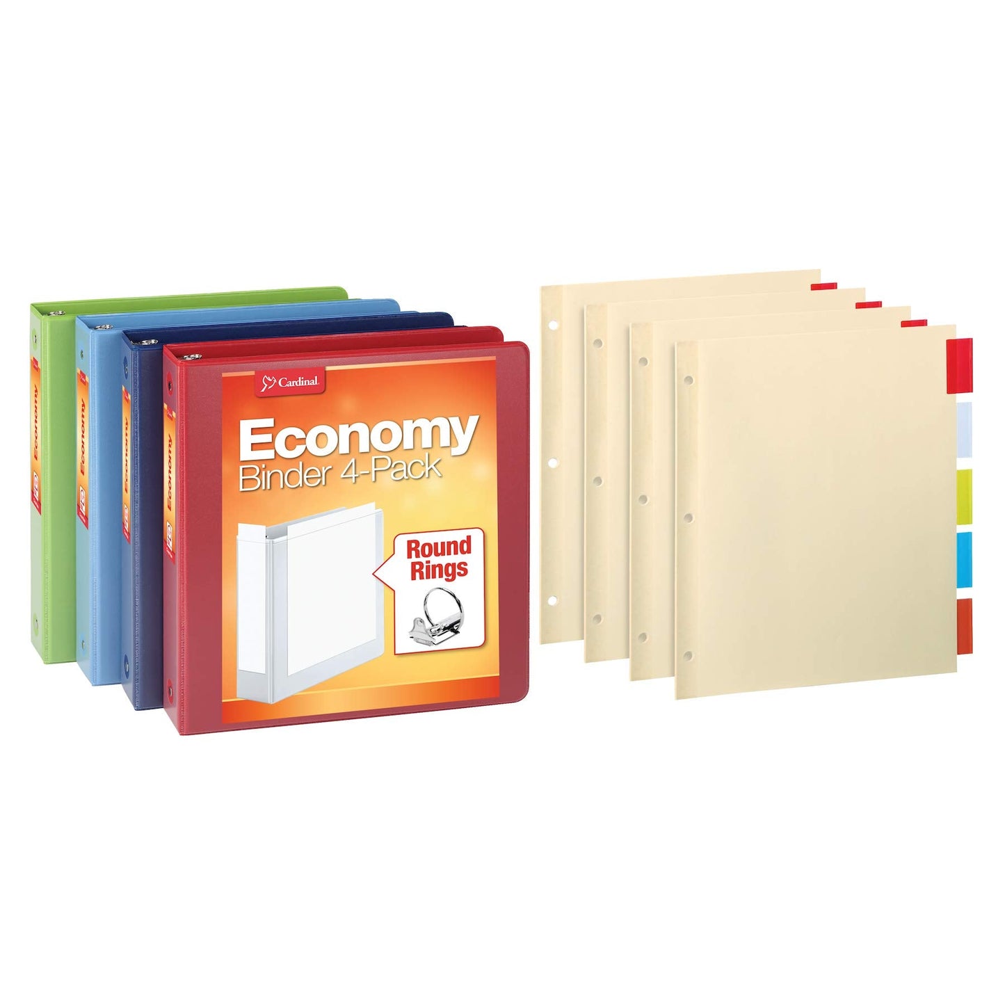Cardinal 3 Ring Binders Economy Pack, 4 Sets of Binder Dividers, Durable 1.5 Inch, Holds 350 Sheets, ClearVue, Non-Stick, Assorted Colors, 4 Pack