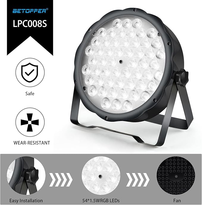 BETOPPER LED Par Lights 54 x 1.5W, RGB Stage Lights DMX DJ Lighting Sound Activated with Stand, Strobe Light & Wash Par Lighting DMX for Parties, Church, Wedding, Bars, 4 Pack