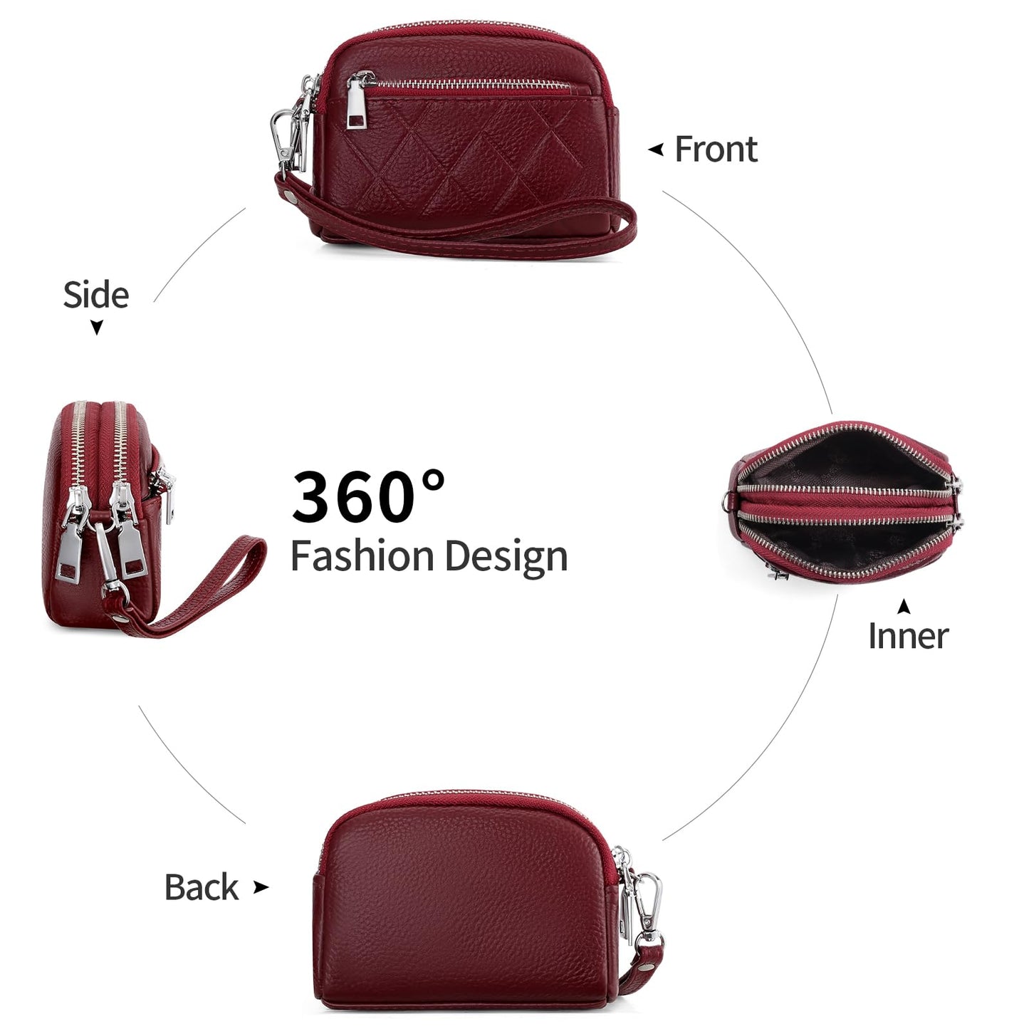 SENDEFN Women's Coin Purse Genuine Leather Wallet 3 Zippers Change Pouch with Wristlet