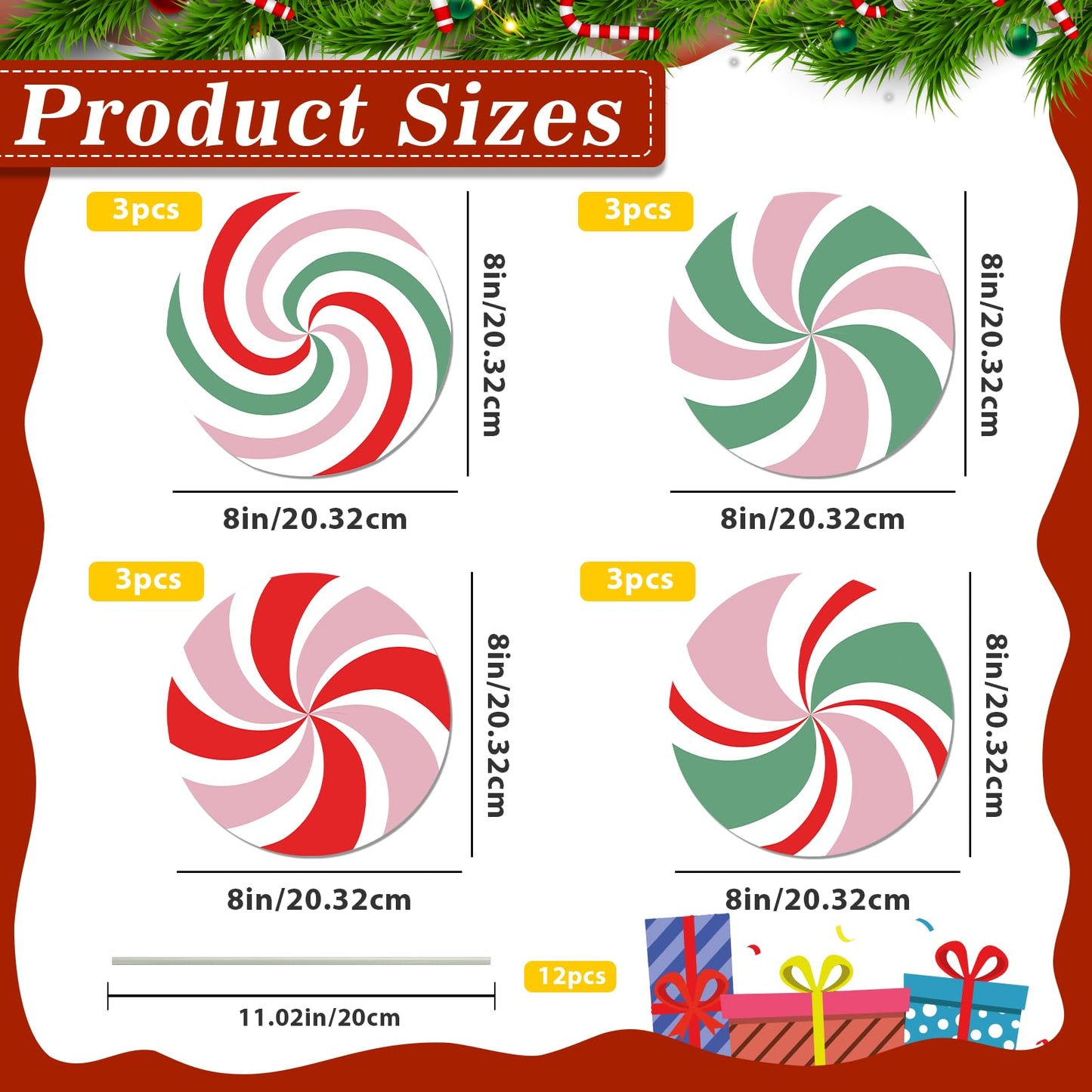 12Pcs Large Candy Christmas Tree Decorations Peppermint Lollipop Christmas Picks for Tree, 7.87" Pink and Red Candy Ornaments, Plastic Candyland Tree Topper for Xmas Holiday Party Vase Decor