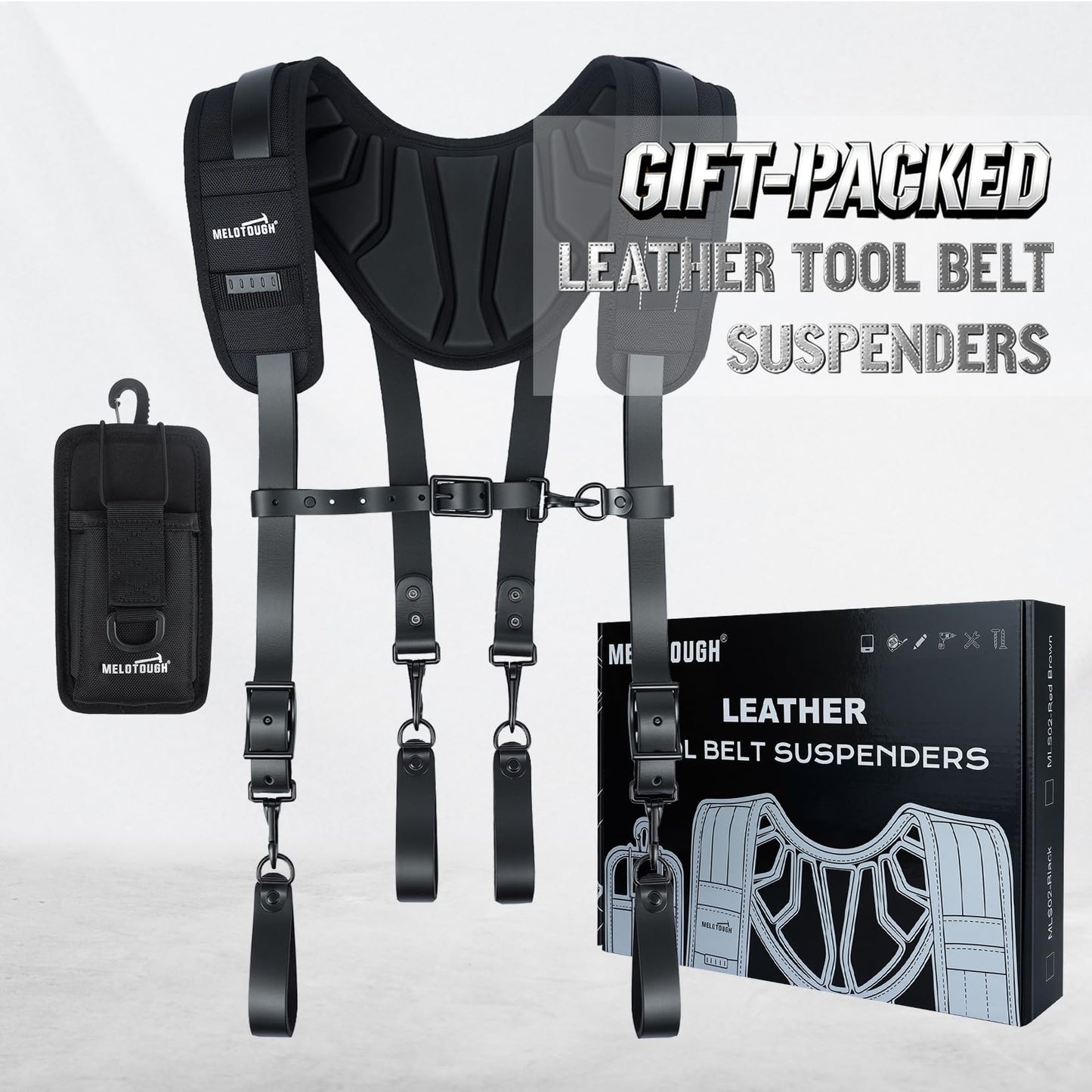 MELOTOUGH Oil Tanned Leather Padded Tool Belt Suspenders for Men,Carpenter Tool Bag Suspenders- Heavy Duty & Padded Support w/Adjustable Chest Strap,Electrical Worker,Gifts for Men,Black