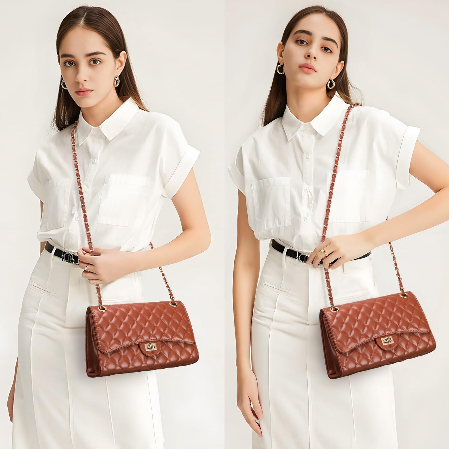 Quilted Crossbody Purse for Women Trendy Ladies Shoulder Bag with Chain Strap PU Leather Cross Body Bags Satchel HandBag,Caramel Brown