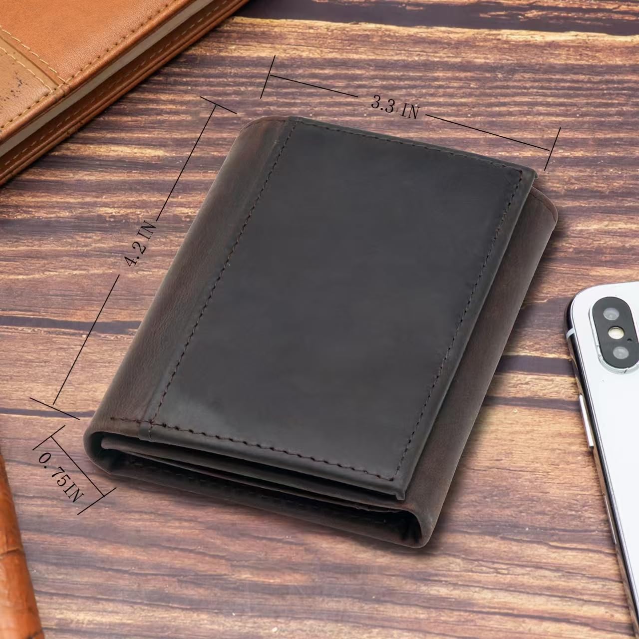 WULOUJIE Mens large-capacity Trifold wallet with 2 ID Window，Genuine Leather RFID Blocking 11 card slots Wallet for Men (Dark brown)