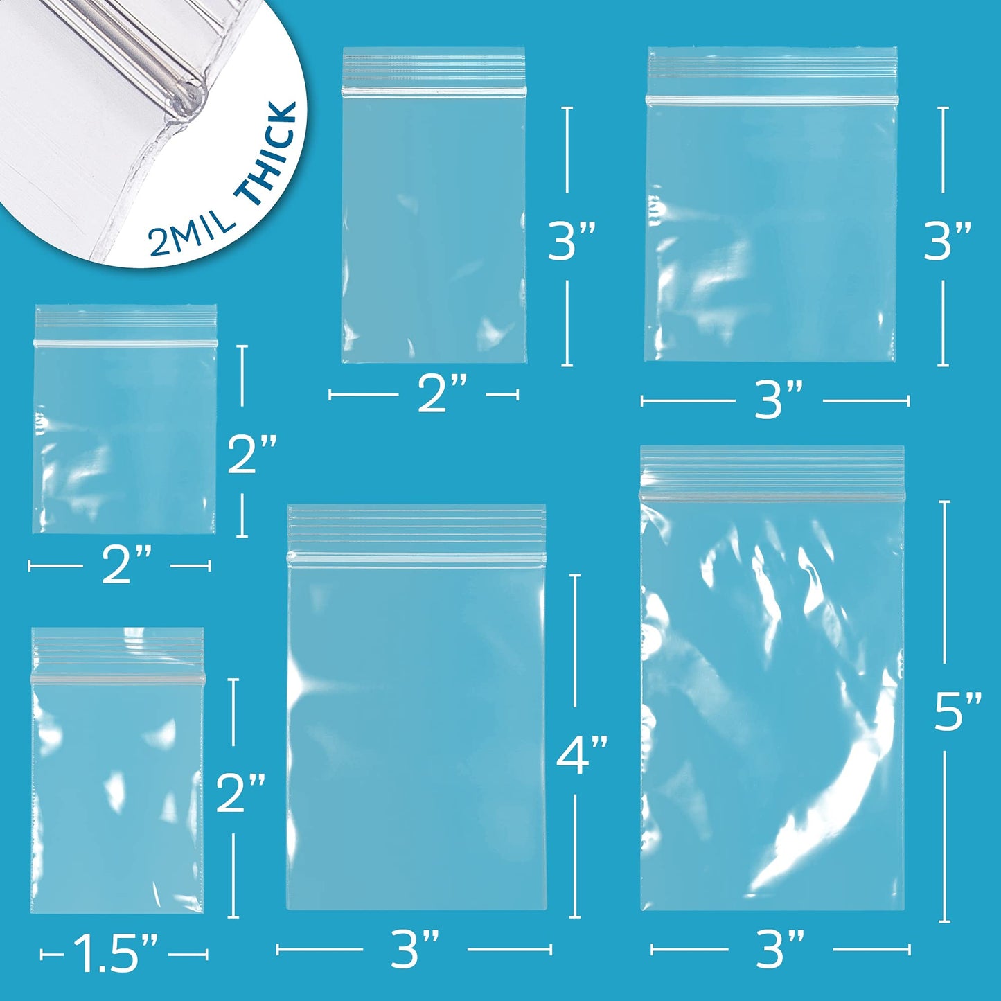 Assorted Clear Plastic Zip Bags - GPI 600 Pack - 2 Mil, 6 Sizes, 1.5"x2"-2"x2"-2"x3"-3"x3"-3"x4"-3"x5", Durable Poly Baggies, Resealable Zip Top Lock for Jewelry, Storage, Packaging & Shipping.