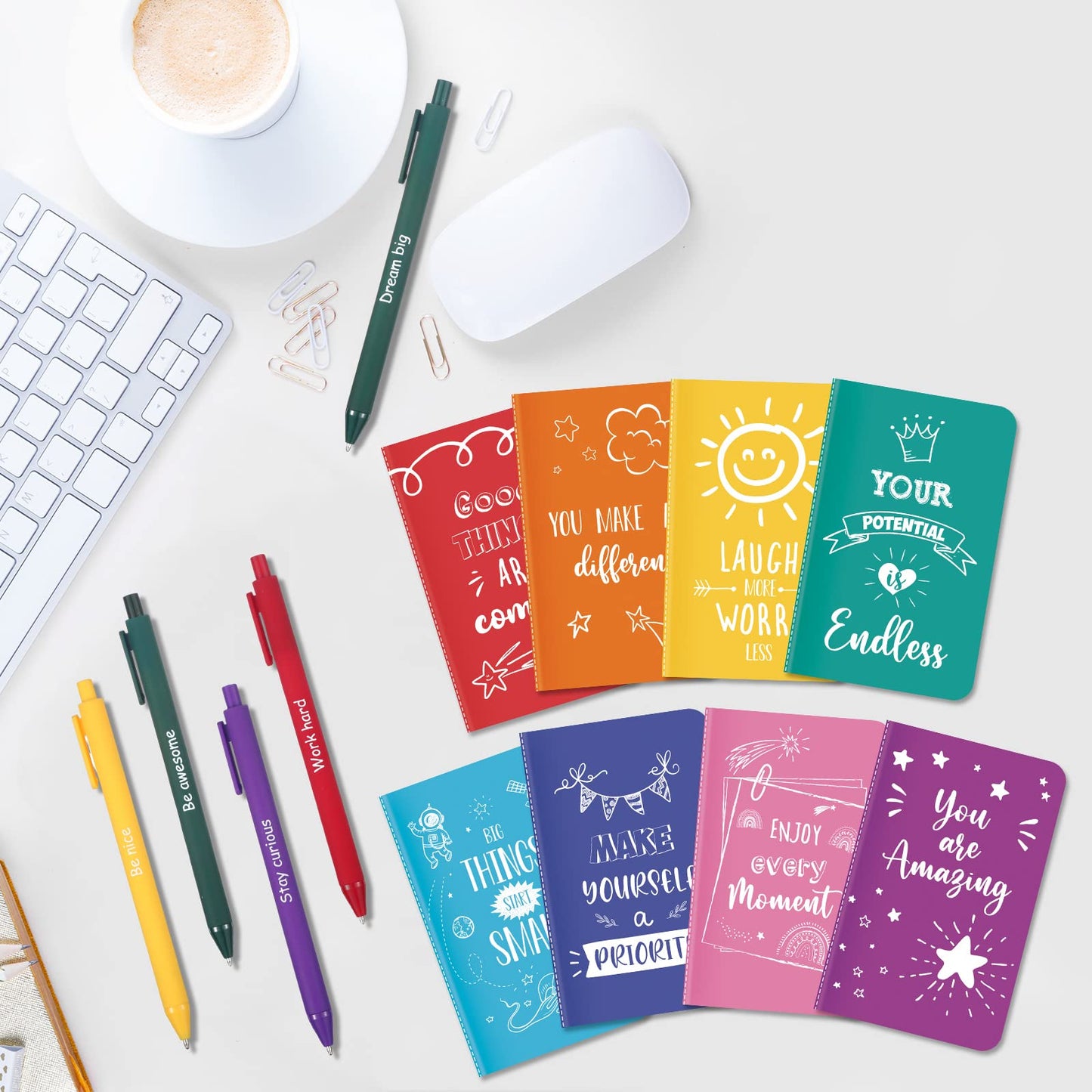 Funrous 32 Pcs Motivational Quote Pens Inspirational Notepads Mini Journal with Ballpoint Pen Small Notebooks Gift for Men Women Coworker Adult Party Favors Prize Teacher Student Office(Minimalistic)