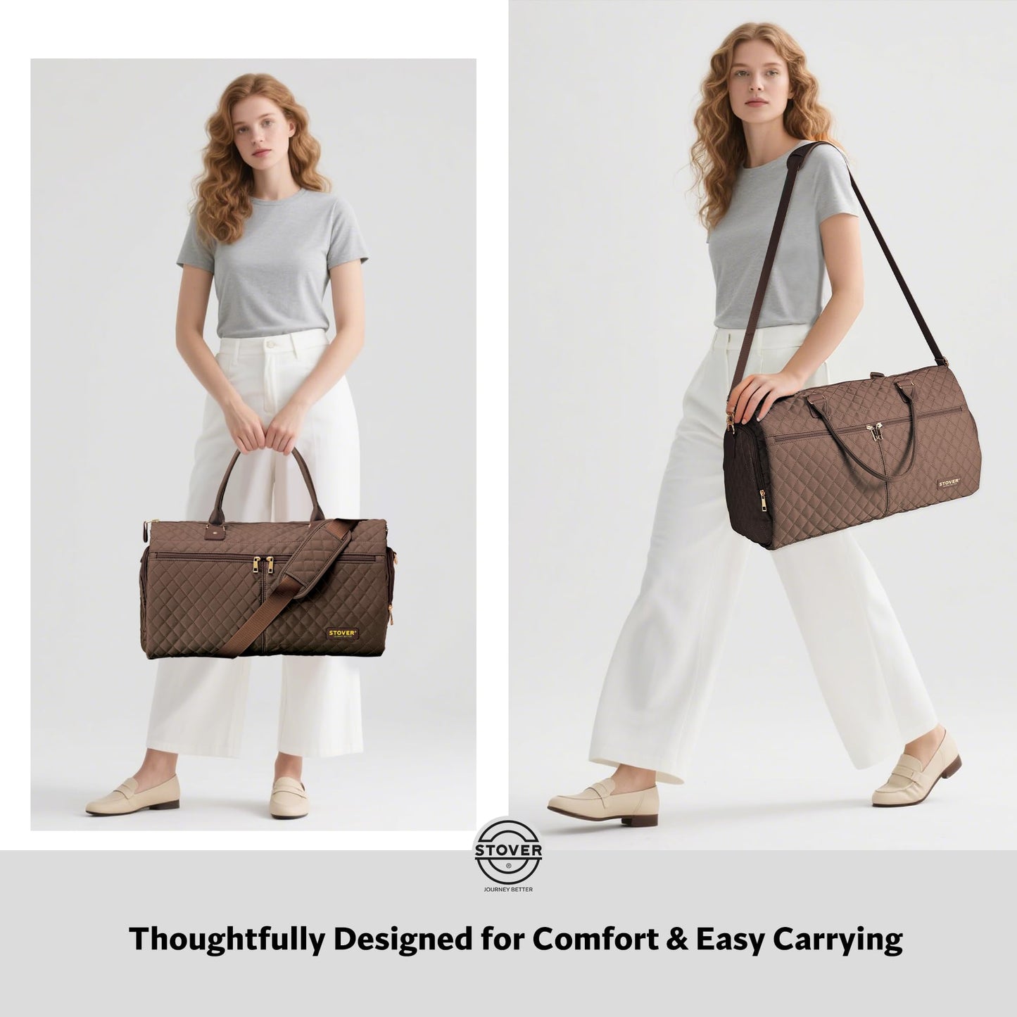 STOVER Women’s Convertible Garment Duffel Bag for Travel – 2-in-1 Carry-On Weekender/Overnight Tote - Wrinkle-Free Dresses, Suits & Clothes + Shoe Compartment & Bonus Toiletry Bag (Mocha Brown)