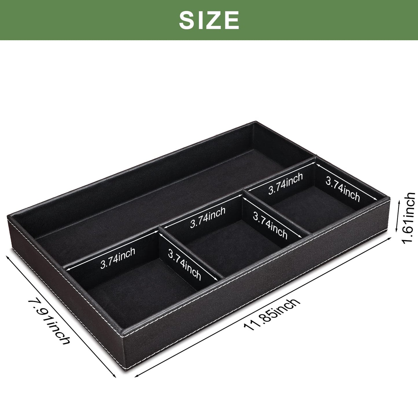 GORESE 2 Pieces Faux Leather Valet Tray for Men, Stackable Jewelry Organizer for Drawers, Nightstand Caddy Tray for Key, Wallet, Sunglass, Watch, Coin, Phone, Bedside Desk-top Storage Black