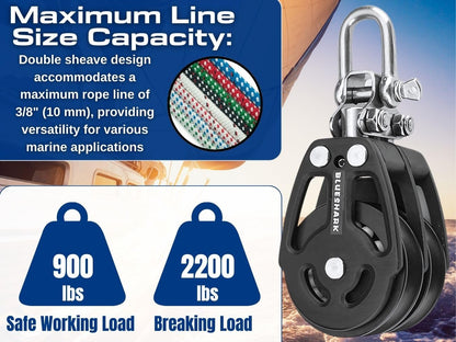 Blue Shark 2254-38 mm Fixed Double Aluminum Sailing Block - Max Line: 3/8” (10 mm), Safe Working Load (SWL): 1600 lbs, Breaking Load: 2850 lbs (1-Pack)
